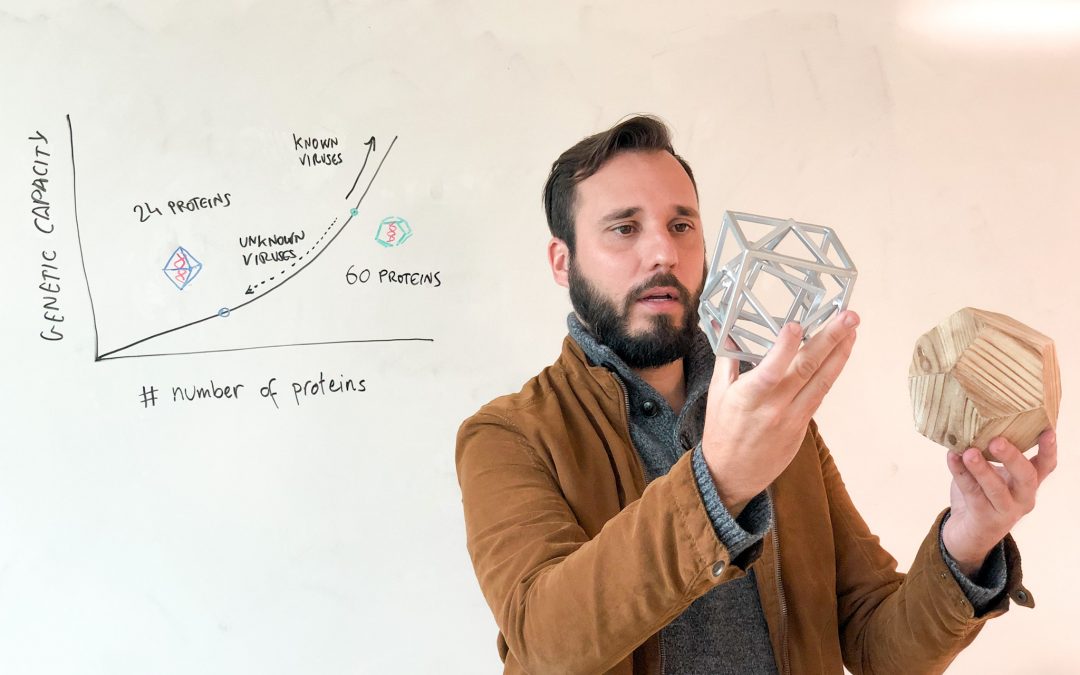 Antoni Luque holds up two mathematical models of potential viral capsids