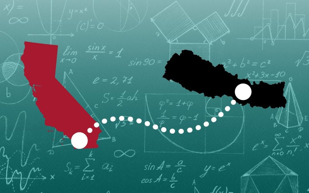 A red outline of California and black outline of Nepal connected by a dotted line on a teal background with mathematical symbols