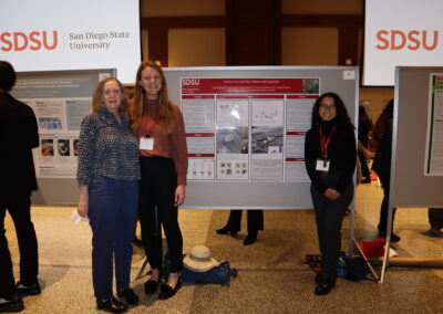 Students stand with their mentor next to their poster