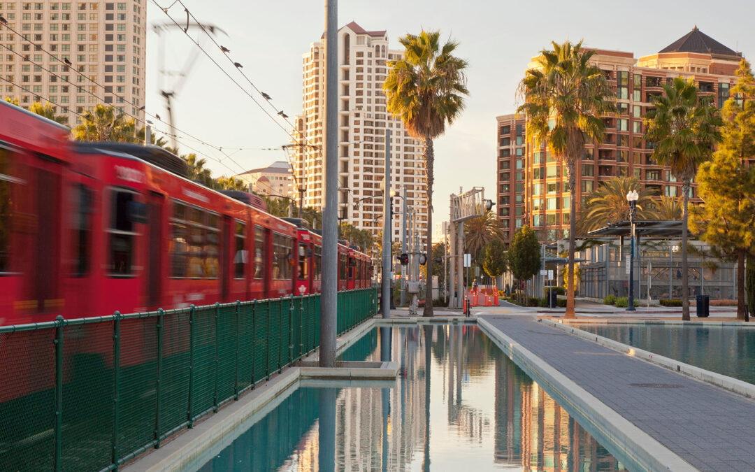 San Diego train whizzing through the Children's Park in Martin Luther King Jr. Promenade.