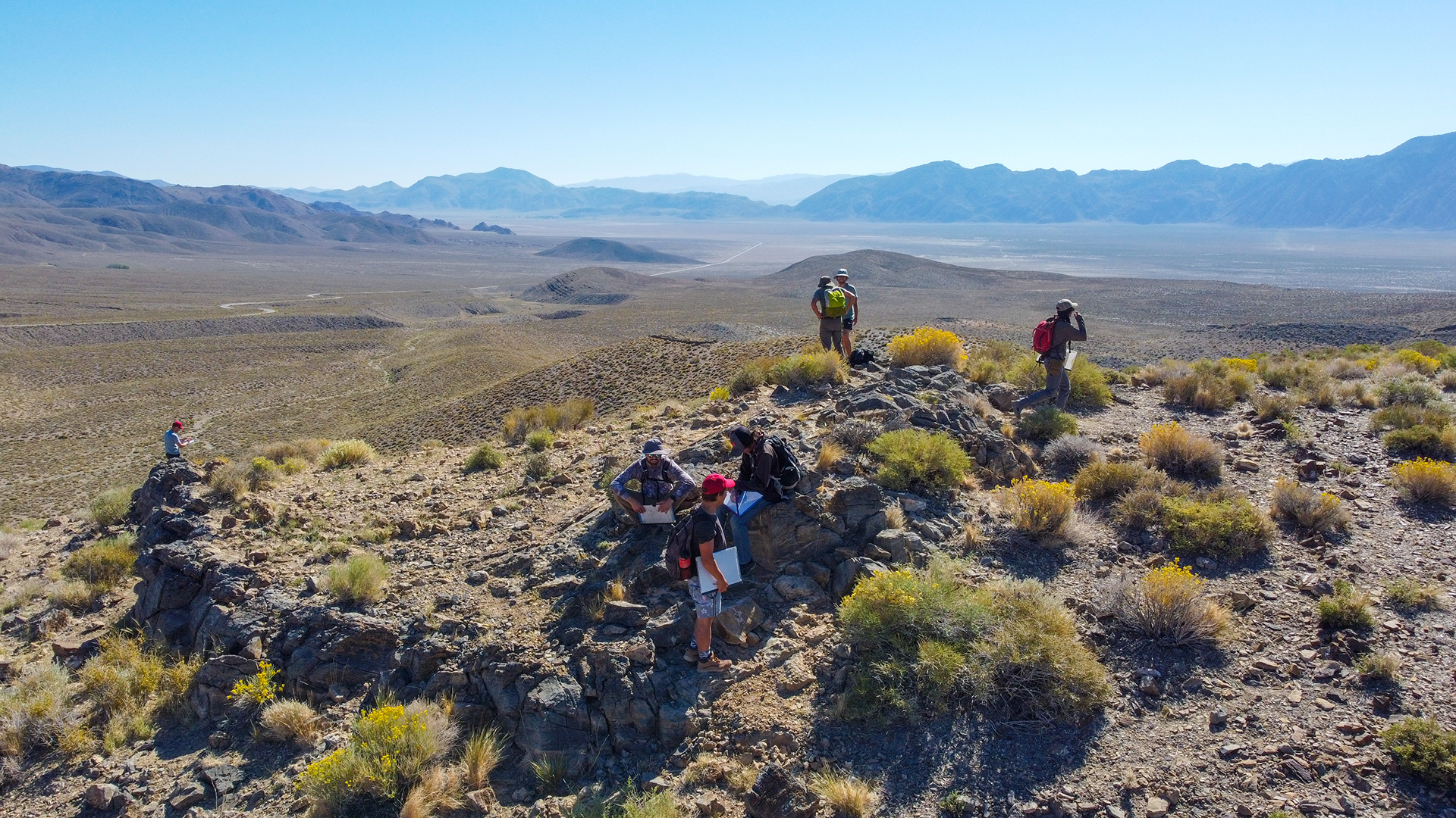  Earth and Environmental Sciences researchers mapping the Little Poleta folds during a field trip in Big Pine