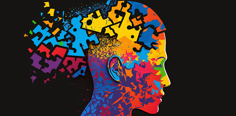 An illustration of a head that comprises multi-colored pieces, with some pieces falling away.