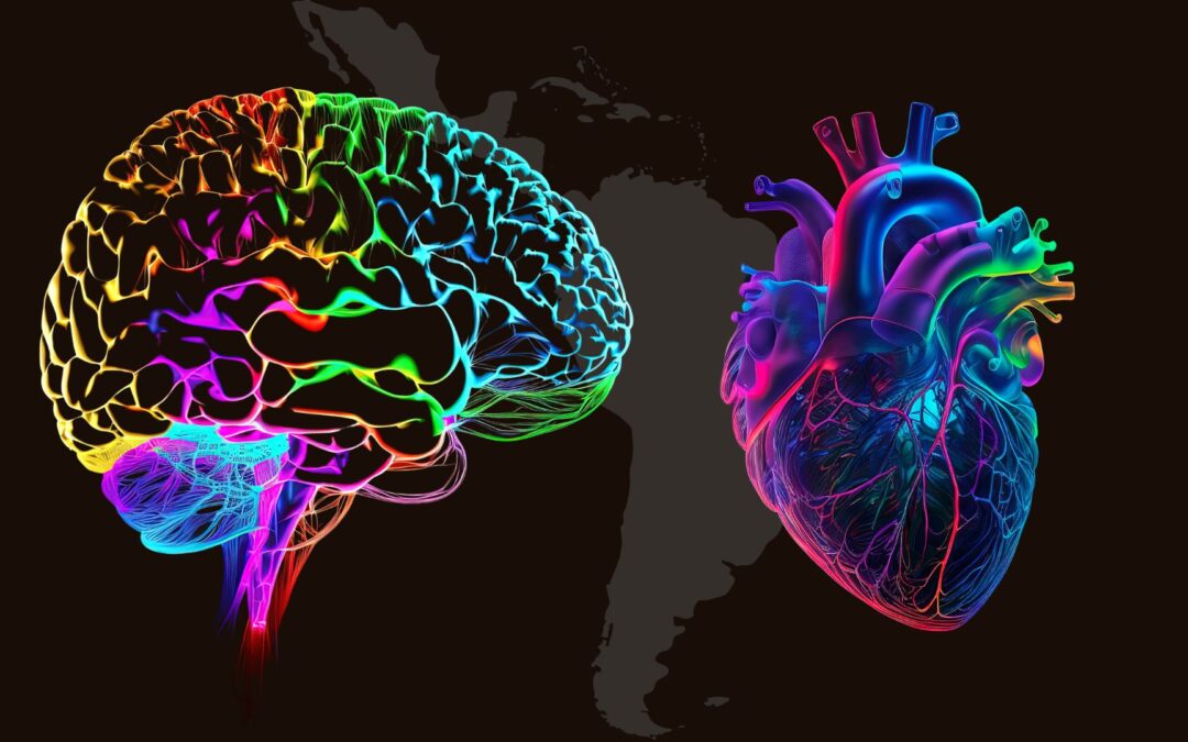 Colorful 3D anatomical structures of brain and heart in front of black and grey map of Latin America